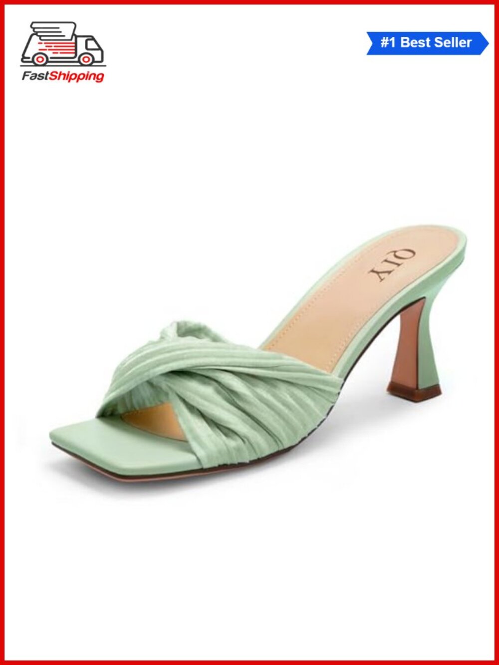 QIY Mule Heels Open Square Toe Mid Heel Satin Slide Sandals